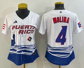 Women%27s Puerto Rico Baseball #4 Yadier Molina 2023 Red World Classic Stitched Jersey